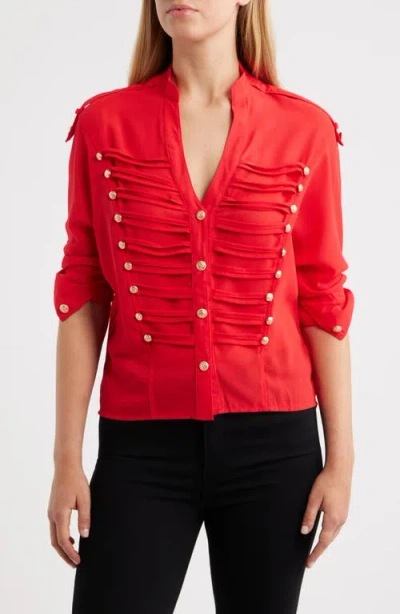Nikki Lund Jameson Button Embellished Semisheer Top In Red