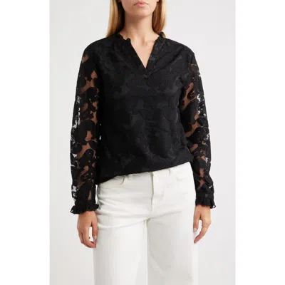Nikki Lund Kang Lace Appliqué Split Neck Top In Black