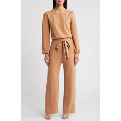 Nikki Lund Laurie Long Sleeve Tie Waist Jumpsuit In Brown