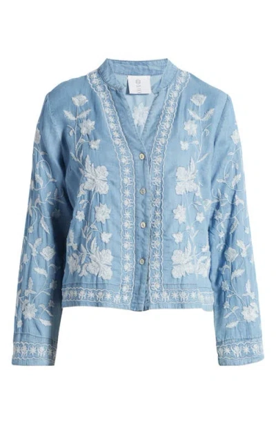 Nikki Lund Madison Floral Embroidered Chambray Button-up Shirt In Blue