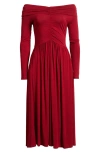 Nikki Lund Olia Off The Shoulder Long Sleeve Dress In Wine