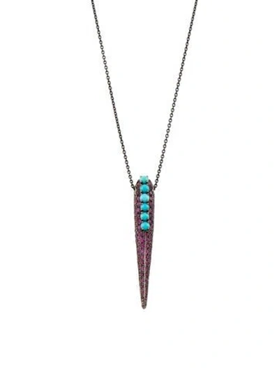 Pre-owned Nikos Koulis 18k Ruby & Turquoise Spectrum Spike Pendant Necklace, 25" In Multicolor