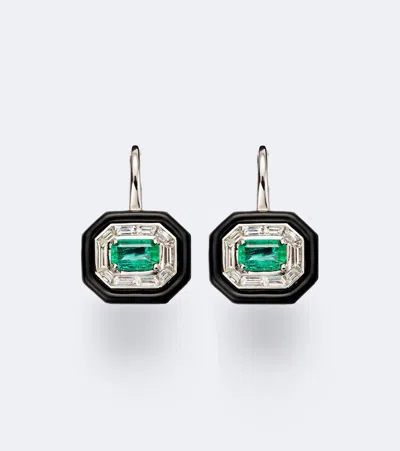 Nikos Koulis Oui 18kt White Gold And Enamel Earrings With Emerald And Diamonds In Silver