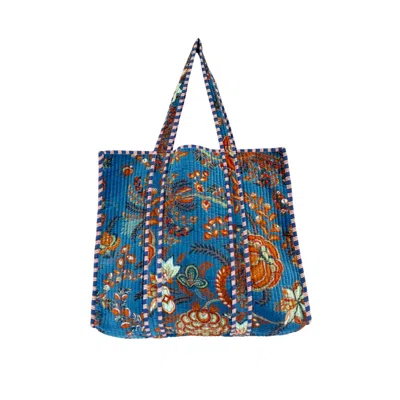 Nila Parmar Designs Women's Blue Blossom Velvet Quilted Tote Bag