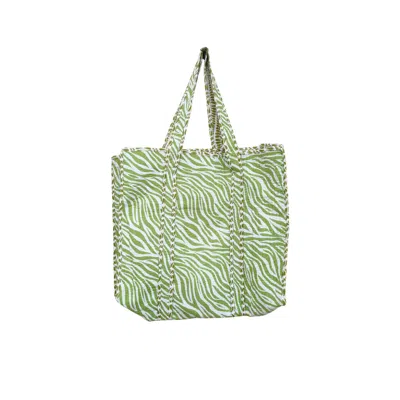 Nila Parmar Designs Women's Green Lime Zebra Cotton Quilted Tote Bag