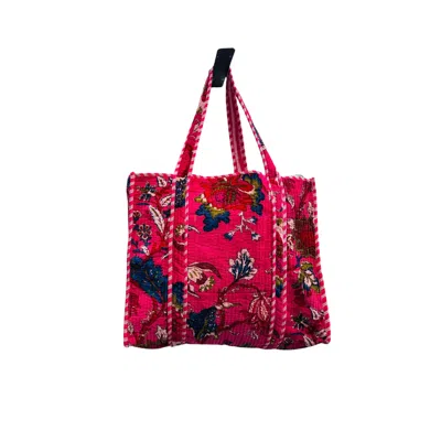 Nila Parmar Designs Women's Hot Pink Blossom Velvet Quilted Tote Bags