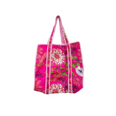 Nila Parmar Designs Women's Hot Pink Bouquet Cotton Quilted Tote Bag