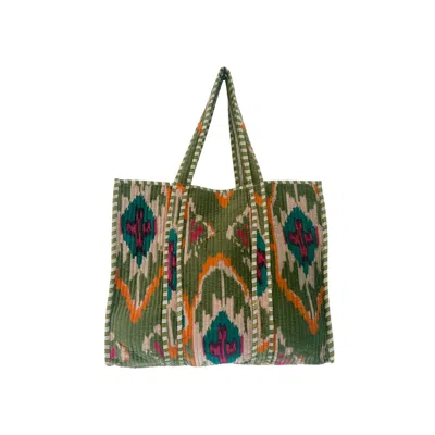 Nila Parmar Designs Women's Olive Green Ikat Velvet Quilted Tote Bag
