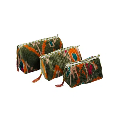 Nila Parmar Designs Women's Olive Green Ikat Velvet Wash Bags-set Of Three