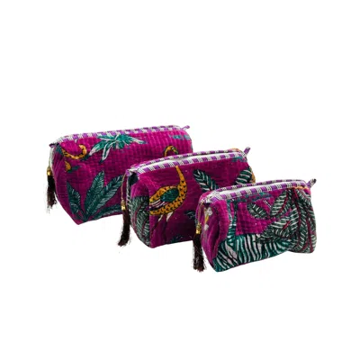 Nila Parmar Designs Women's Purple Jungle Velvet Wash Bags-set Of Three