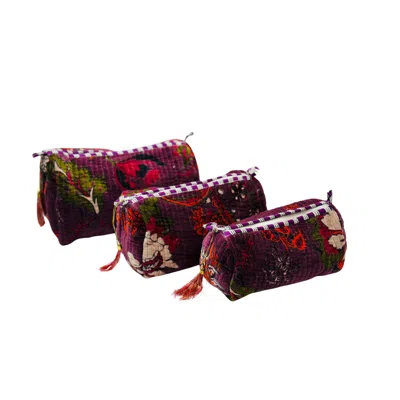 Nila Parmar Designs Women's Purple Mauve Blossom Velvet Wash Bags-set Of Three