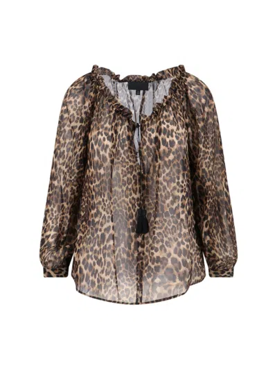 NILI LOTAN ANIMAL PRINT SILK BLOUSE WITH RUFFLED NECKLINE