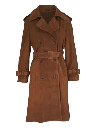 Nili Lotan Belted Double-breasted Suede Coat In Brown