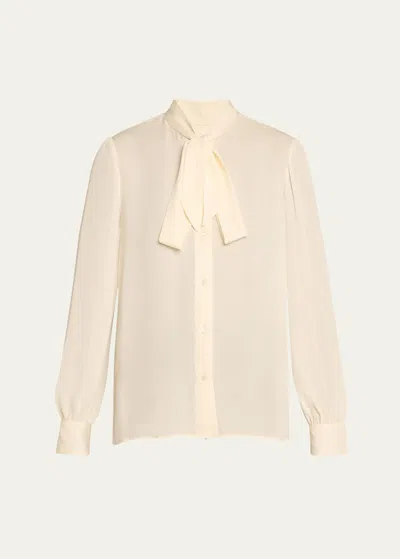 Nili Lotan Carina Button-front Tie-neck Silk Top In Ivory