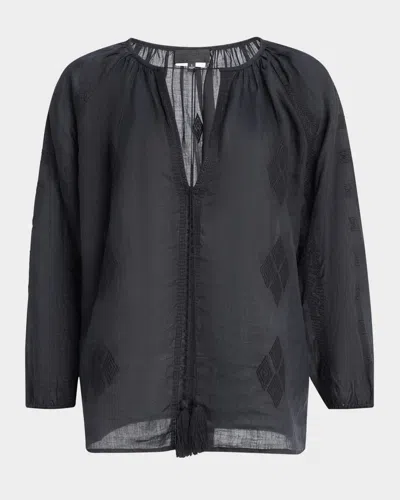 Nili Lotan Cristo Embroidered Tie Peasant Blouse In Black