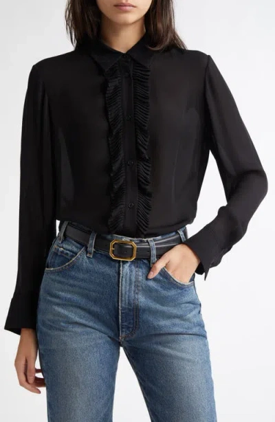 Nili Lotan Danika Ruffle Placket Silk Shirt In Black