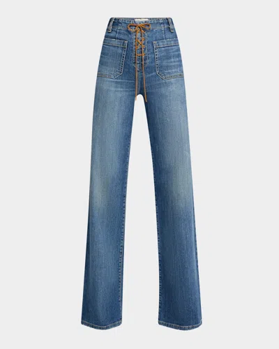 Nili Lotan Florence Suede Laced Wide-leg Jeans In Classic Wash
