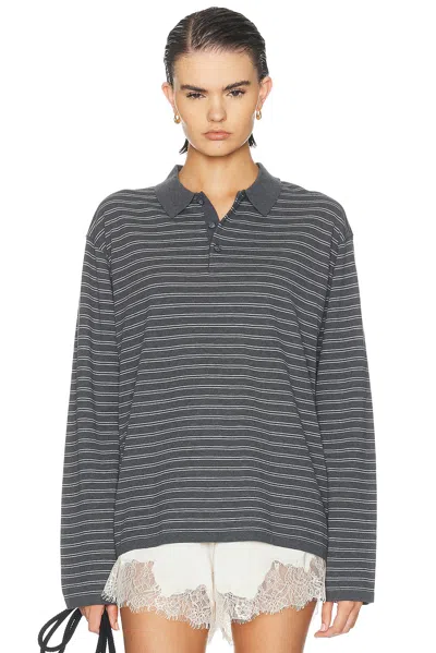 Nili Lotan Foley Stripe Polo Sweater In Charcoal & Ivory Stripe