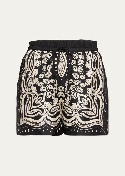 Nili Lotan Frances Bandana-print Silk Pull-on Shorts In Black/ivory Banda