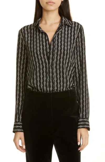 Nili Lotan Gaia Slim Fit Silk Blend Shirt In Horse Strap Black/ivory