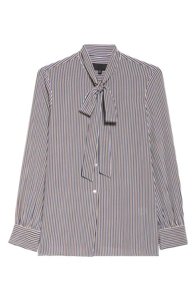 Nili Lotan Irina Stripe Tie Neck Silk Button-up Shirt In Ivy/brown/navy Stripe