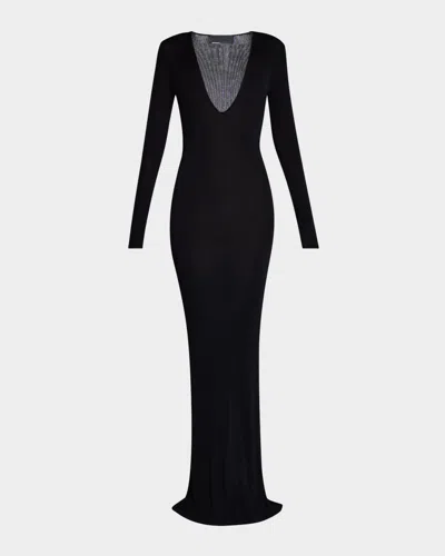 Nili Lotan Jean Plunging Long-sleeve Rib Maxi Dress In Black