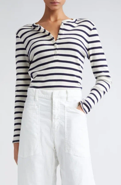 Nili Lotan Jordan Stripe Long Sleeve Henley In Ivory/ Navy Stripe