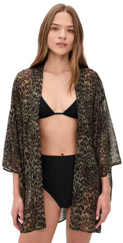 Nili Lotan Kima Kimono Army Green Leopard In Animal Print