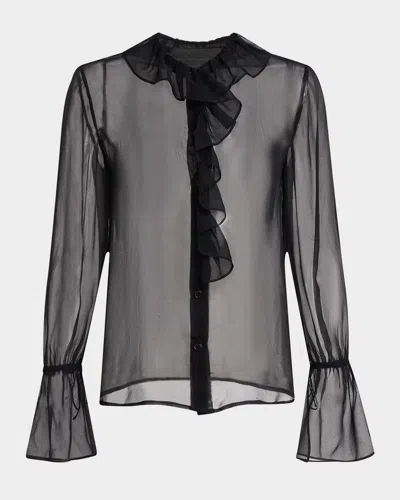 Nili Lotan Kris Silk Sheer Ruffle Front Blouse In Black