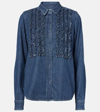 Nili Lotan Lexa Ruffled Denim Shirt In Blue