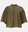 Nili Lotan Clarys Embroidered Gathered Cotton-voile Top In Green