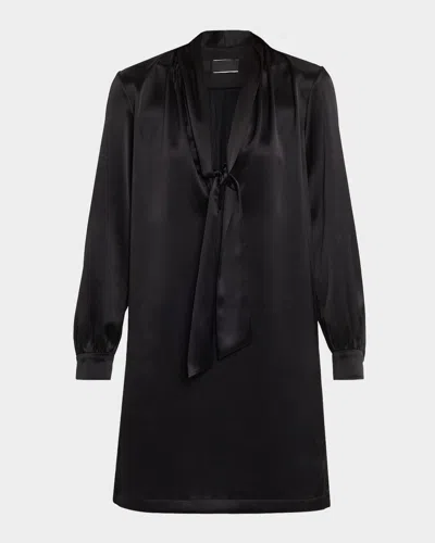 Nili Lotan Neck-scarf Silk Long-sleeve Mini Dress In Black