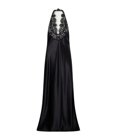 Nili Lotan Noemie Lace-trimmed Silk-satin Halterneck Midi Dress In Black