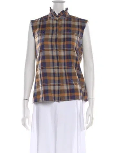 Pre-owned Nili Lotan Plaid Print Mock Neck Button-up Top In Blue