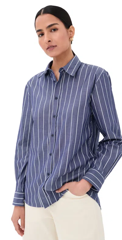 Nili Lotan Raphael Classic Shirt Large Midnight/white Stripe In Blue