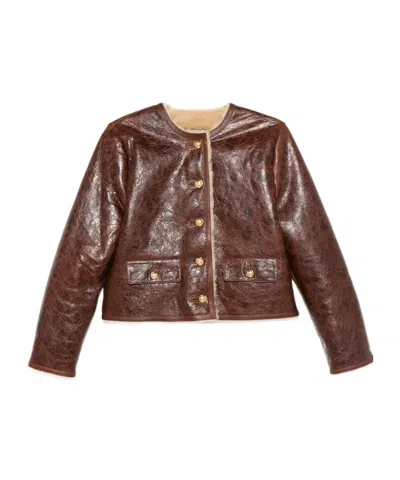 NILI LOTAN ROUND-NECK LONG-SLEEVE LEATHER JACKET