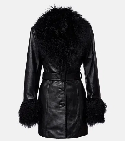 Nili Lotan Sefa Belted Shearling-trimmed Leather Jacket In Black