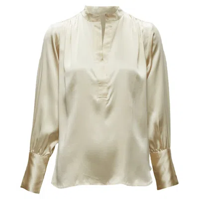 Nili Lotan Silk Champagne Pleated Shoulder Seam V Neck Popover Blouse In White