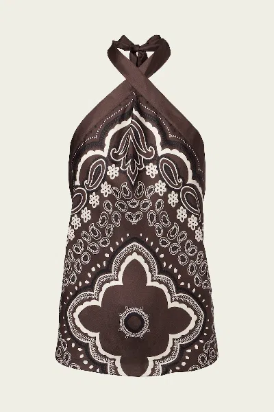 Nili Lotan Solal Silk Halterneck Top In Brown Ivory Bandana Print