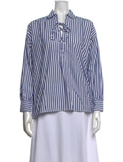 Pre-owned Nili Lotan Striped Tie Neck Blouse In Blue/white