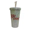 Nima Accessories Blinged Out "mom" Rhinestone Tumbler 17 oz With Metal Straw In Silver