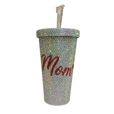 Nima Accessories Blinged Out "mom" Rhinestone Tumbler 17 oz With Metal Straw In Silver