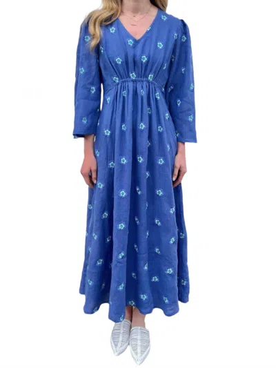 Nimo With Love Apple Embroidered Flowers Linen Dress In Blue/ Petrol