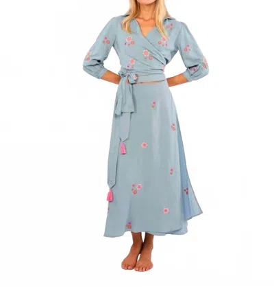 Nimo With Love Chervil Midi Skirt In Ocean And Flower Embroidery In Blue