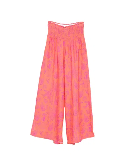 Nimo With Love Floral-print Smocked Palazzo Pants In Pink