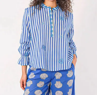 Nimo With Love Flower Embroidery Broom Stripe Blouse In Blue