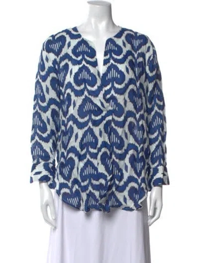 Pre-owned Nimo With Love Linen Printed Top In Blue