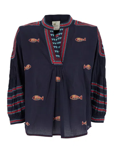 Nimo With Love Multicolor Blouse With All-over Applied Embroidery And Pleat Details In Cotton Woman