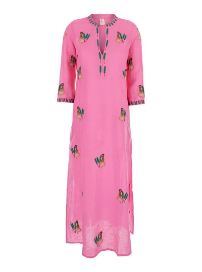 Nimo With Love Multicolor Caftan With V-neckline And All-over Applied Embroidery In Linen Woman