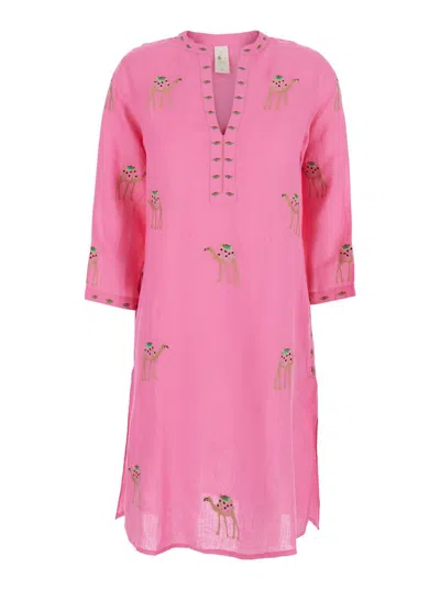 Nimo With Love Multicolor Caftan With V-neckline And All-over Applied Embroidery In Linen Woman In Pink